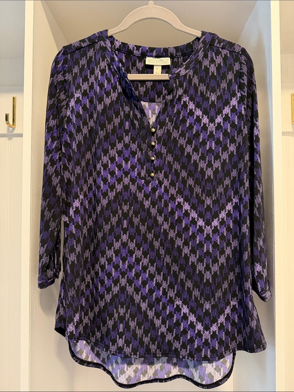 Black and Purple Geometric Henley Blouse